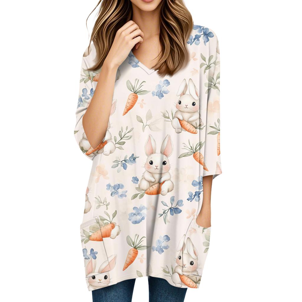 Womens Tops V-neck 3/4 Sleeve Blouses Casual Mid-length Shirts Fashion Print Tunic Tops With Pockets