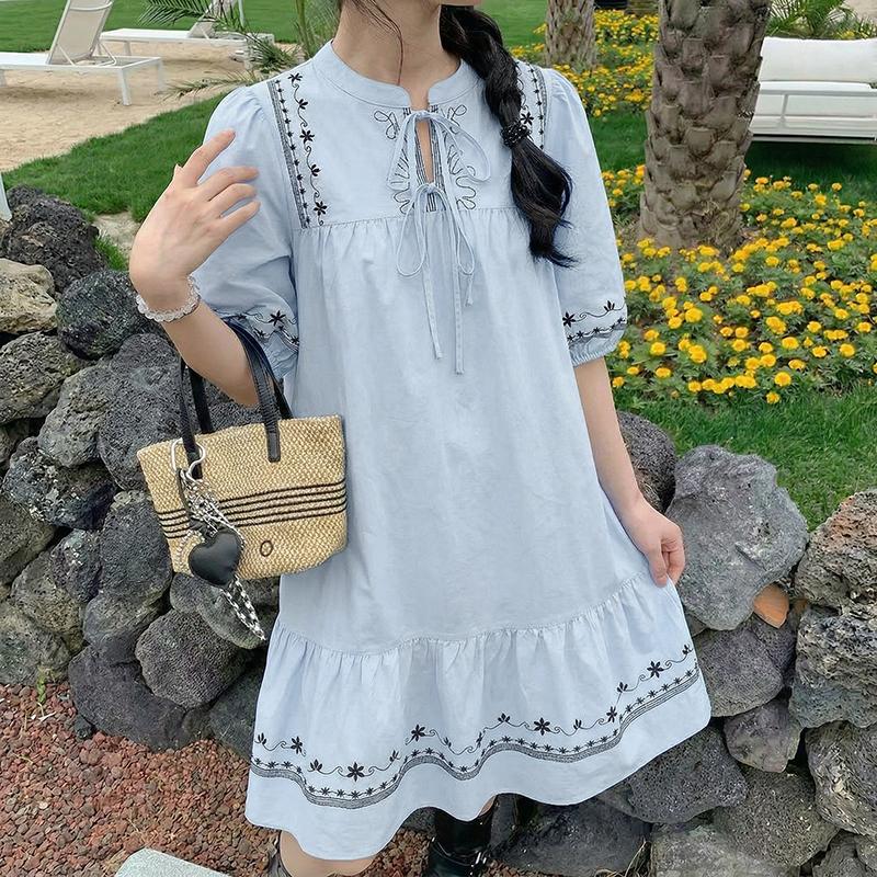 ZANZEA Women Casual Round Neck Loose Short Sleeve Print Dress S синий