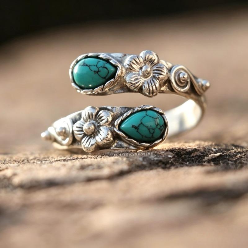 Bohemian Double Flower Green Synthetic Cobalt Oxide Ring For Men And Women'S Jewelry Suitable For Daily Wear And Holiday Gifts