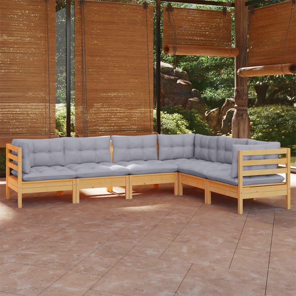 Vidaxl 6-Cz. Garden Lounge Set, Grey Cushions, Pine