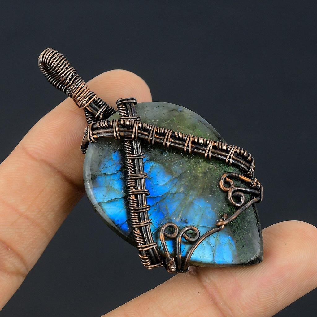 Labradorite Pendant, Handmade Gemstone 999 Copper Wire Wrapped Pendant Antique Jewelry, For Gift Silver Jewelry