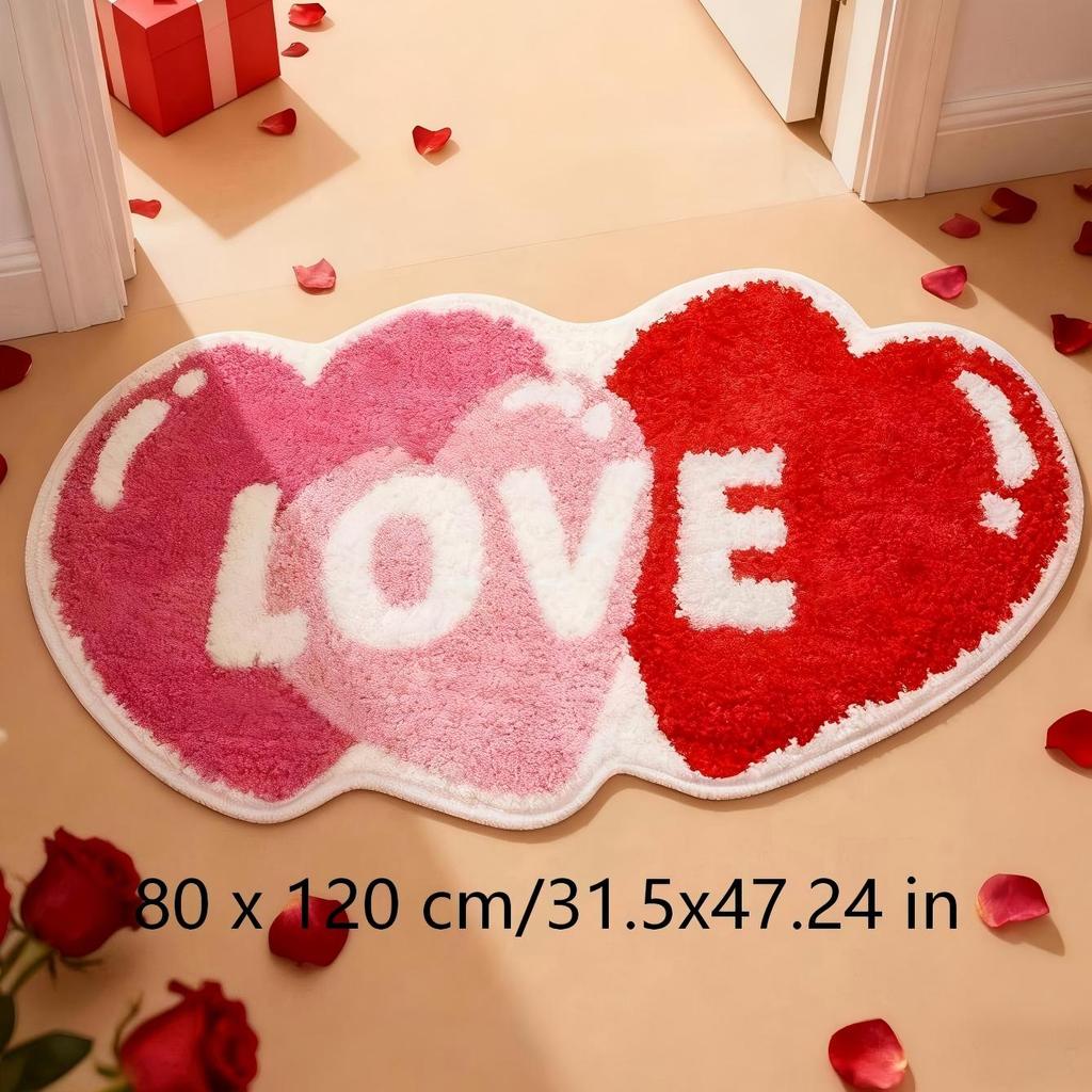1PC Valentine's Day Heart-shaped Floor Mat - Soft, Anti-slip, with Red and Pink Heart-shaped Patterns and the Word "LOVE"