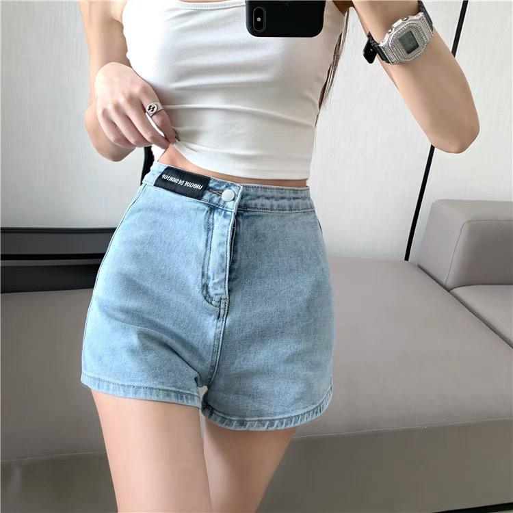 

Spicy Girl Women s Chic High Waist Slimming Straight Leg Summer 2022 Patch Elastic Shorts Medium светло-синий