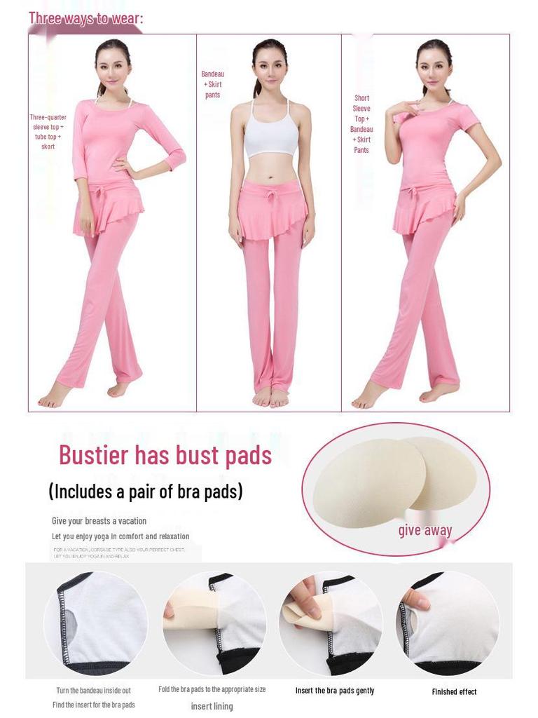 Women's Modal Yoga Set: Short Sleeve Top & Ruffle Hem Skirt with Chest Pad.