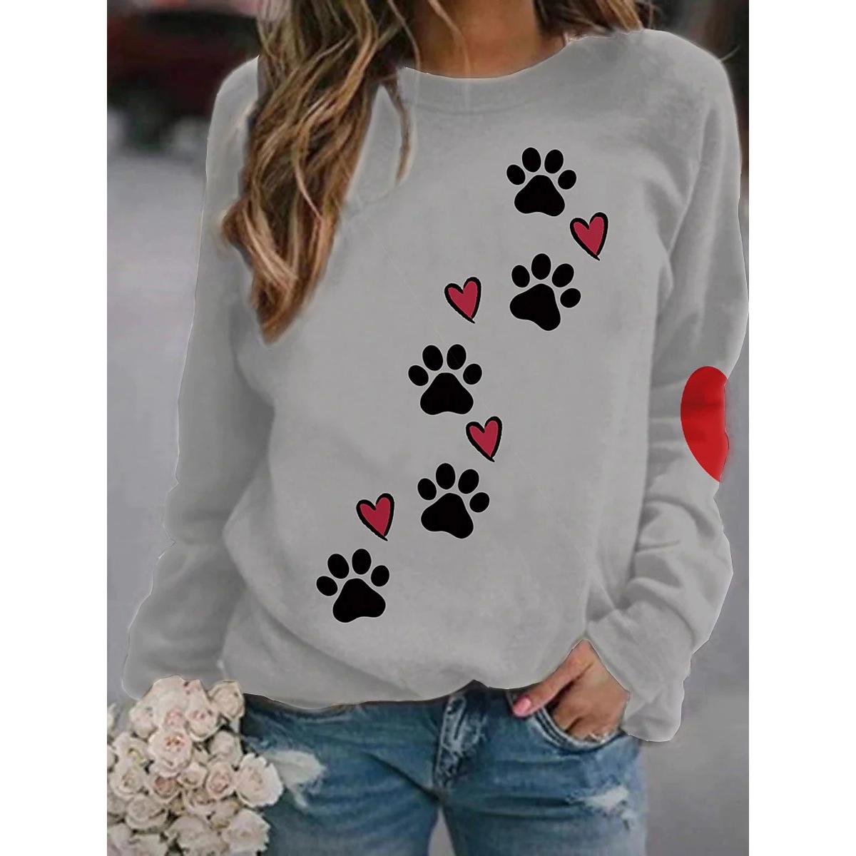 

Рождественские тонкие женские пуловеры с длинным рукавом и круглым вырезом, повседневные женские свободные толстовки с принтом лап собаки 3XL серый