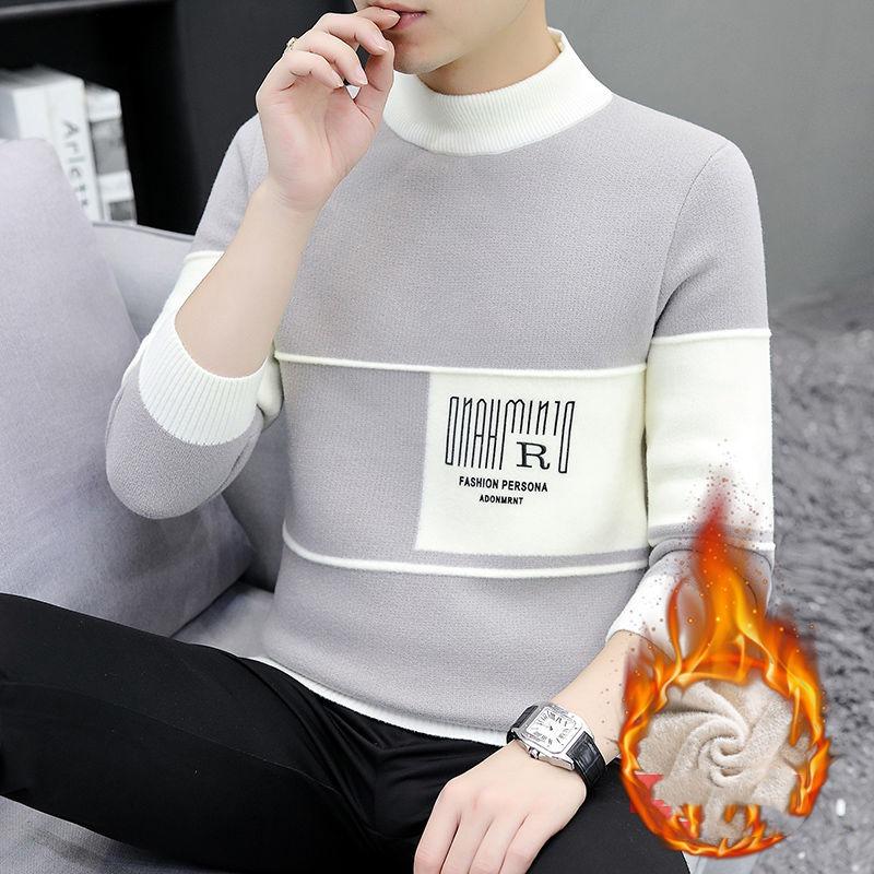Men's Autumn Winter Turtleneck Flocking Letter Pullover Solid Long Sleeve Sweater Knitted Casual Undershirt Vintage Loose Tops
