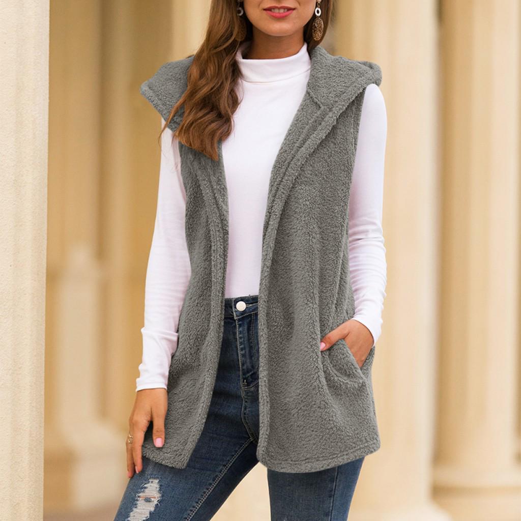 Womens Fluffly Vintage Shaggy Long Hooded Faux Fur Vest Cardigan Jacket