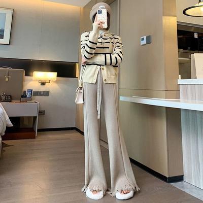 Pantalon micro évasé tricoté à rayures pour femmes, automne et hiver, pompon tombant, vadrouille, pantalon ample, doux et gluant, jambes larges