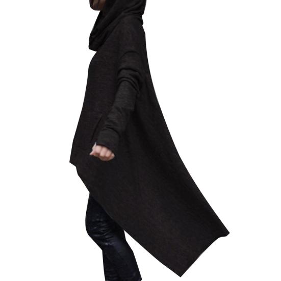 Women Solid Color Asymmetric Hem Drawstring Hooded Sweatshirt Loose Poncho Coat