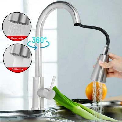 Kitchen Pull-Out Faucet Tap Mixer Spout Finish Brushed Swivel Spray Single Hole 360 Degree Brushed  Faucets Water Mixer Tap Silvery New