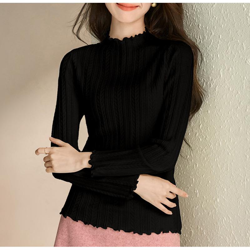 

Женская базовая рубашка весна-осень, новая трикотажная кофта с полувысоким воротом и фестончатым краем, со средним воротом и длинным рукавом, облегающий свитер one size fits all чёрный