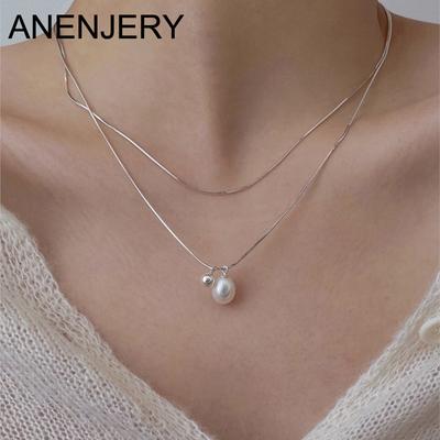 Sliver Color Double Layer Chain Imitation Pearl Water Drop Pendant Neckalce for Women Simple Jewelry Birthday Gifts