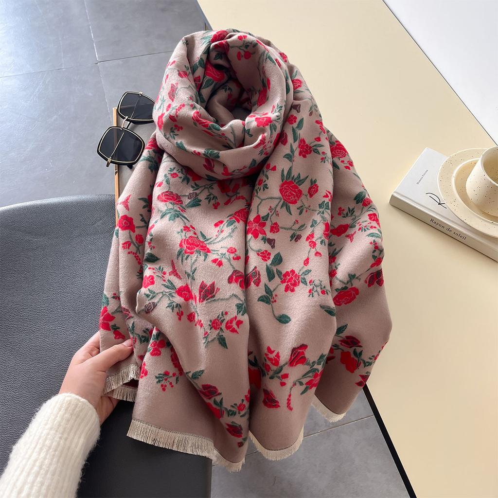 Double Sided Warm Thick Long Scarf Winter Women Flower Printing Tassel Scarves Elegant Shawl For Mom Gift Cashmere Imitation