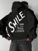 Men Trendy Graffiti Brush‑Font SMILE Letter Graphic Back‑print Black Pullover Hoodie Loose Unisex Hip‑hop Streetwear Tops