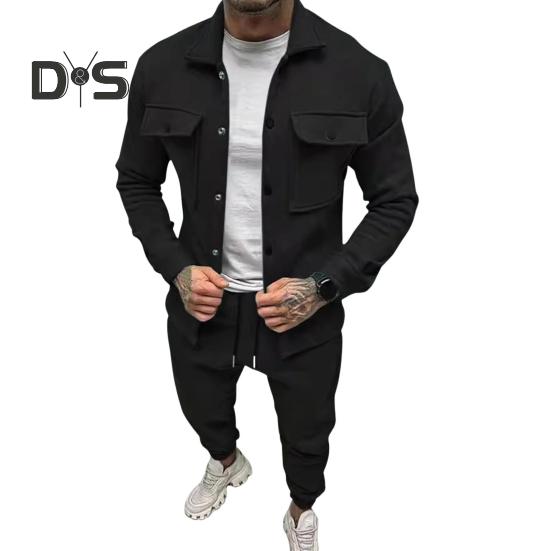 

Комплект мужской спортивной одежды из 2 предметов, пальто с длинными рукавами и карманами-клапанами, эластичный пояс с завязками, длинные брюки, свободный крой, спортивная одежда, повседневная одежда XXL чёрный