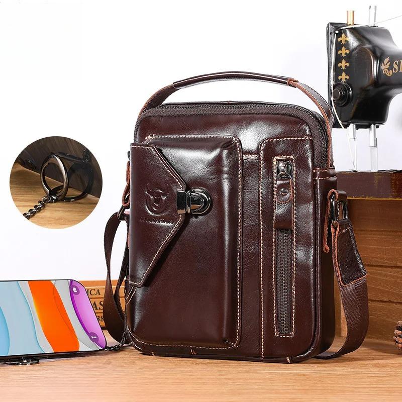 Cowhide men's single shoulder crossbody bag is breathable, wear-resistant, anti-theft, and can be stored with anti-theft brush