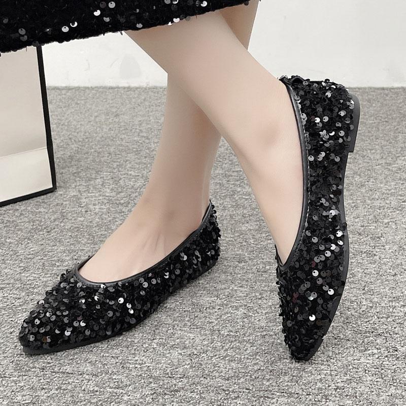 Dámské boty na podpatku, pohodlné boty s měkkou podrážkou, nazouvací boty na volný čas, módní flitry, špičaté boty, zářivé společenské boty