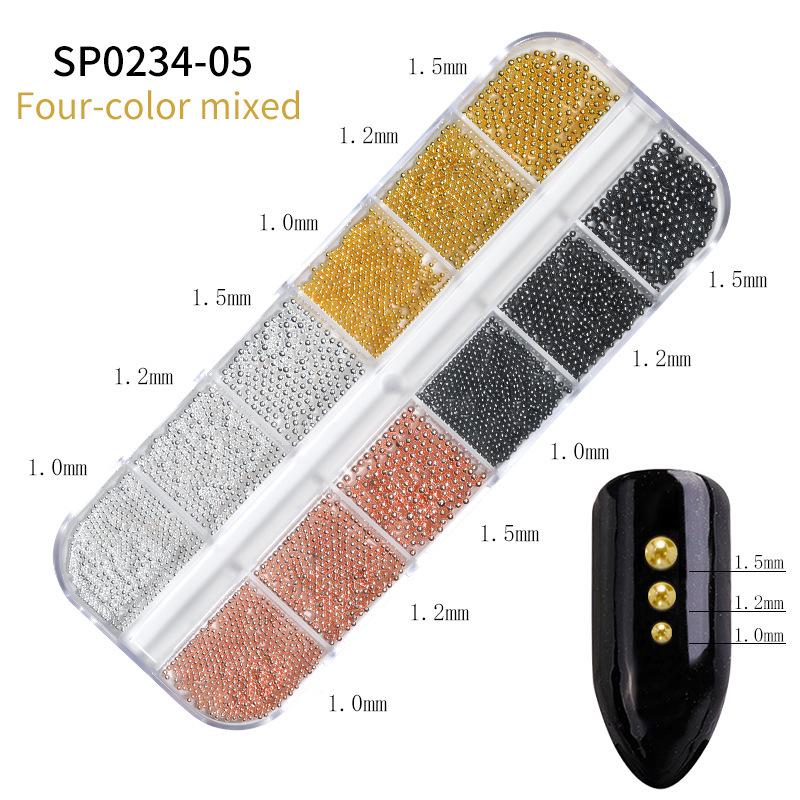 Japanese Mini Steel Beads Nail Art Accessories - Gold, Silver & Rose Gold Mix In 12 Grid Box