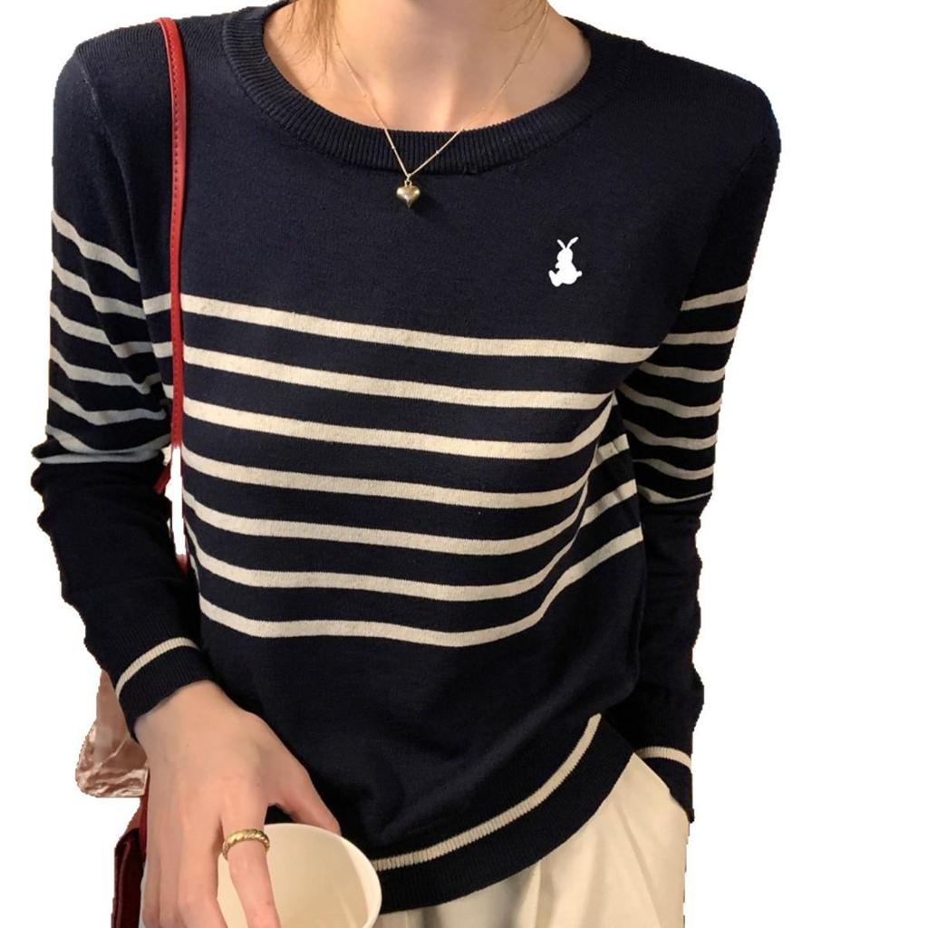 Vintage Striped Autumn Sweater - Women's Slim Fit, Long Sleeve, Round Neck with Little Pony Embroidery