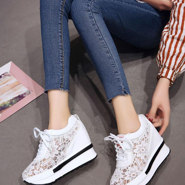 Dames Zomer Mesh Kant Schoenen Dikke Zolen Wedge Instappers Sneakers Vrouwelijk Grote Maat Hol Uit Casual Ademende Schoenen