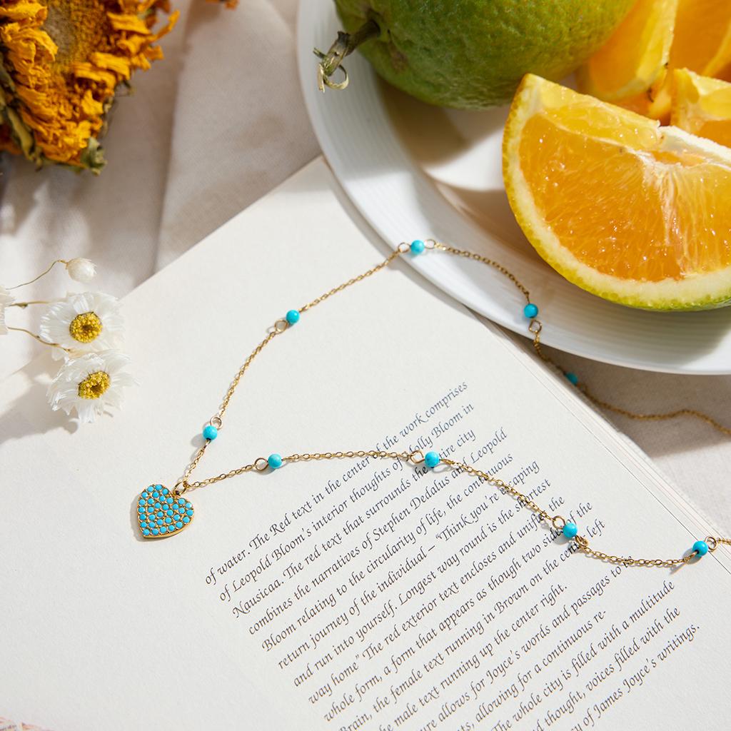 Youthway Natürlicher Stein Blau Türkis Herz Anhänger Halskette Vielseitig Edelstahl Wasserdicht Modeschmuck Herbst Stil