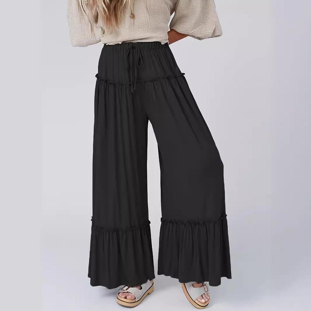 Women's Solid Color High Waist Casual Pants Drawstring Wide Leg Pants