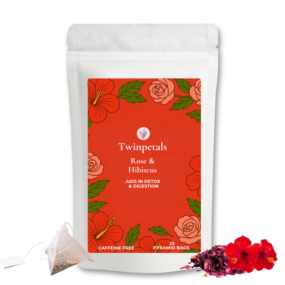 

Twinpetals Hibiscus Rose Herbal Tea | 25 Pyramid Tea Bags | Caffeine-Free Flower Infusion | All-Natural Detox Tea with Refreshing Aroma, Tangy Ta