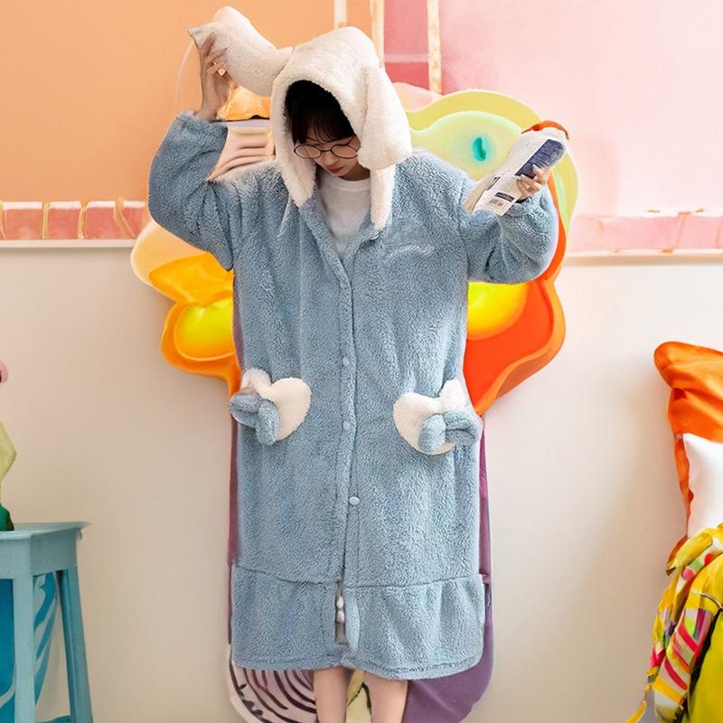 Women's Coral Velvet Nightgowns Winter Long Robes Thicken Plush Pajama Kimono Flannel Sleepwear Warm Pijama Pants Home Clothing