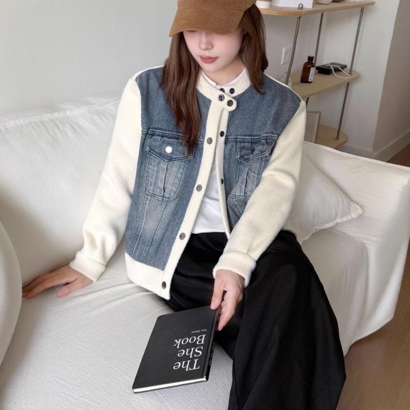 Autumn and winter new loose splicing denim knitted double-sided woolen cardigan sweater jacket women