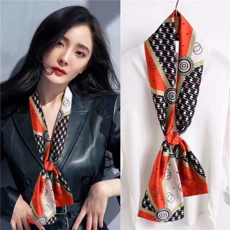 Luxury Silk Long Scarf Women Bag Handle Ribbon Ladies Plaid Print Headband Small Hair Scarves Band Female Handkerchief