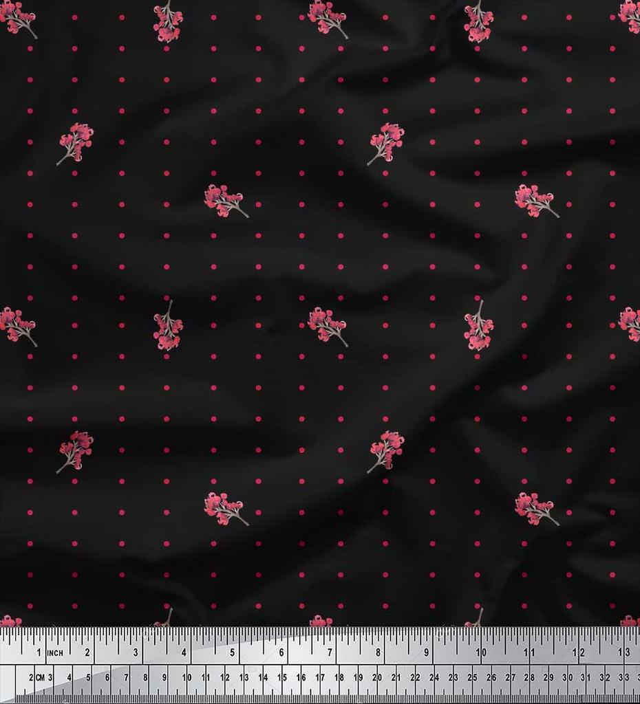 Soimoi Black Japan Crepe Satin Fabric Berries & Dots Print Fabric by Metre 42 Inch