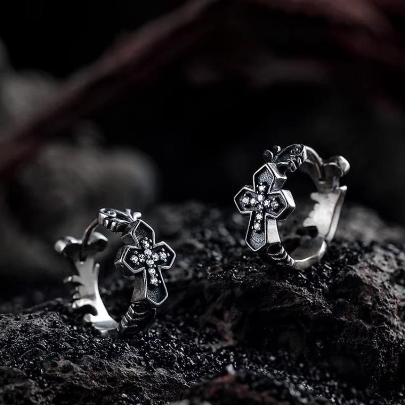 Retro Cross 925 Silver Needle Earrings: Men's High-End Fashion, Heavy Industry Style, All-Match Jewelry Ear Buckles