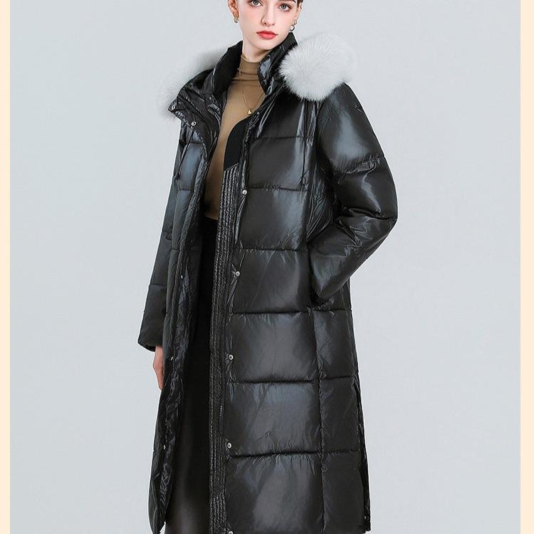 Long over-knee big sweater cotton-padded clothes women's glossy hooded cotton clothes, horizontal quilting process version loose atmosphere winter
