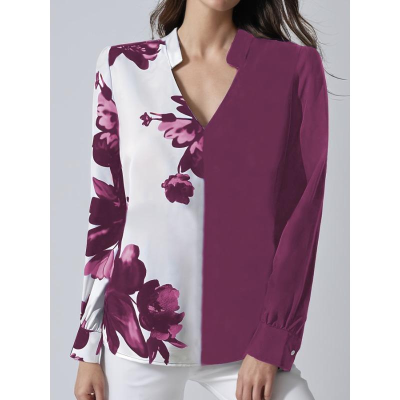 

Женские модные повседневные весенне-осенние блузки и рубашки с v-образным вырезом и длинными рукавами с цветочным узором и принтом M фуксия