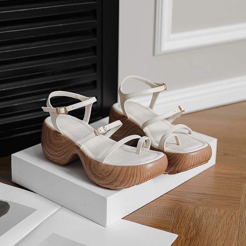Thin Strap Thick Sole Cover Toe Sandals Women's Summer New One-word Strap Roman Shoes Small Height-increasing Shoes Muffin Waterproof Table