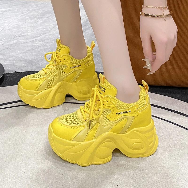 8.5CM Women Summer Hollow Breathable Mesh Chunky Sneakers Microfiber Leather Comfy Casual Dad Shoes Female Platform Sports Shoes