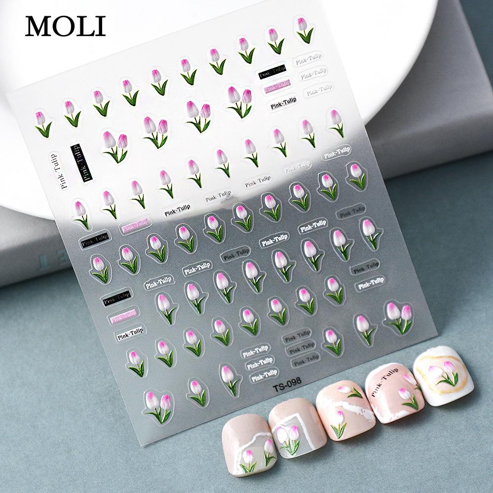 

2024 японский водостойкий 5D розовый цветок тюльпана наклейка для ногтей украшение небольшой узор рельефная наклейка для ногтей