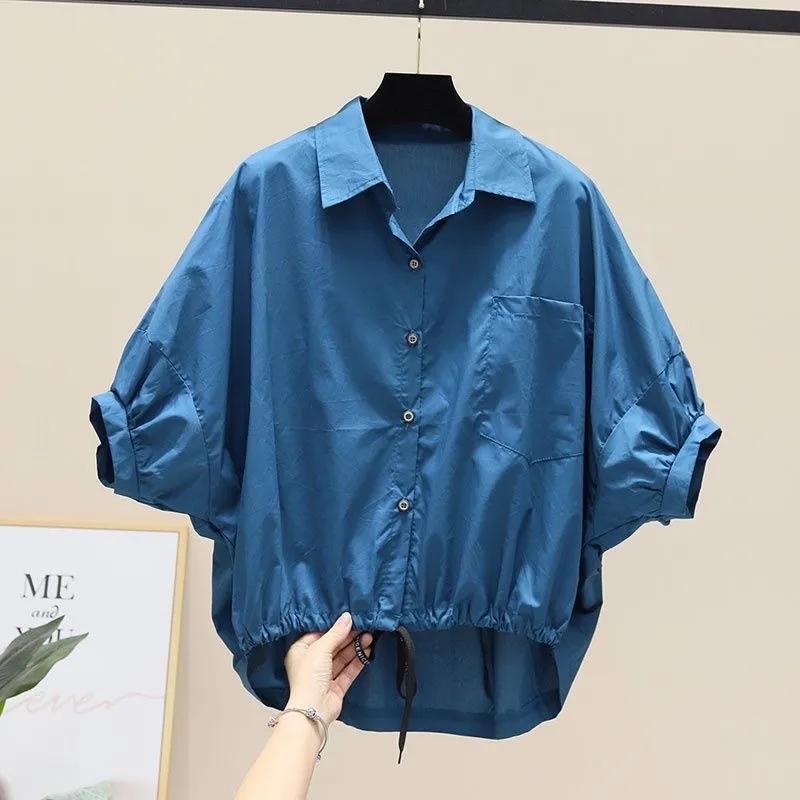 Yaz Yarasa Kol Gündelik Gömlekler Kadın Moda Bol Düz Renk Oversize Bluzlar Bağcıklı Üstler Hafif Pamuklu Bluzlar