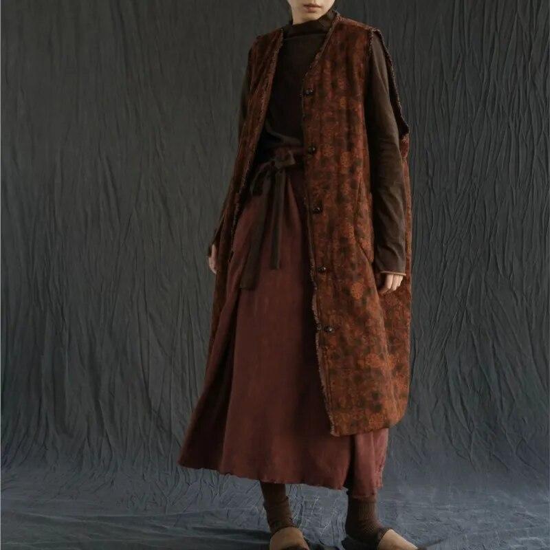 Johnature Mujer Vintage estampado Floral chalecos largos abrigos con cuello en V botón de primavera bolsillos de estilo chino mujeres chalecos abrigos