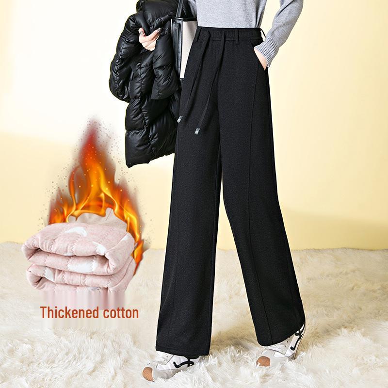 Women s Winter Fleece-Lined Thickened Wool Wide-Leg Pants, Lace-Up, Casual Straight-Leg Style Large