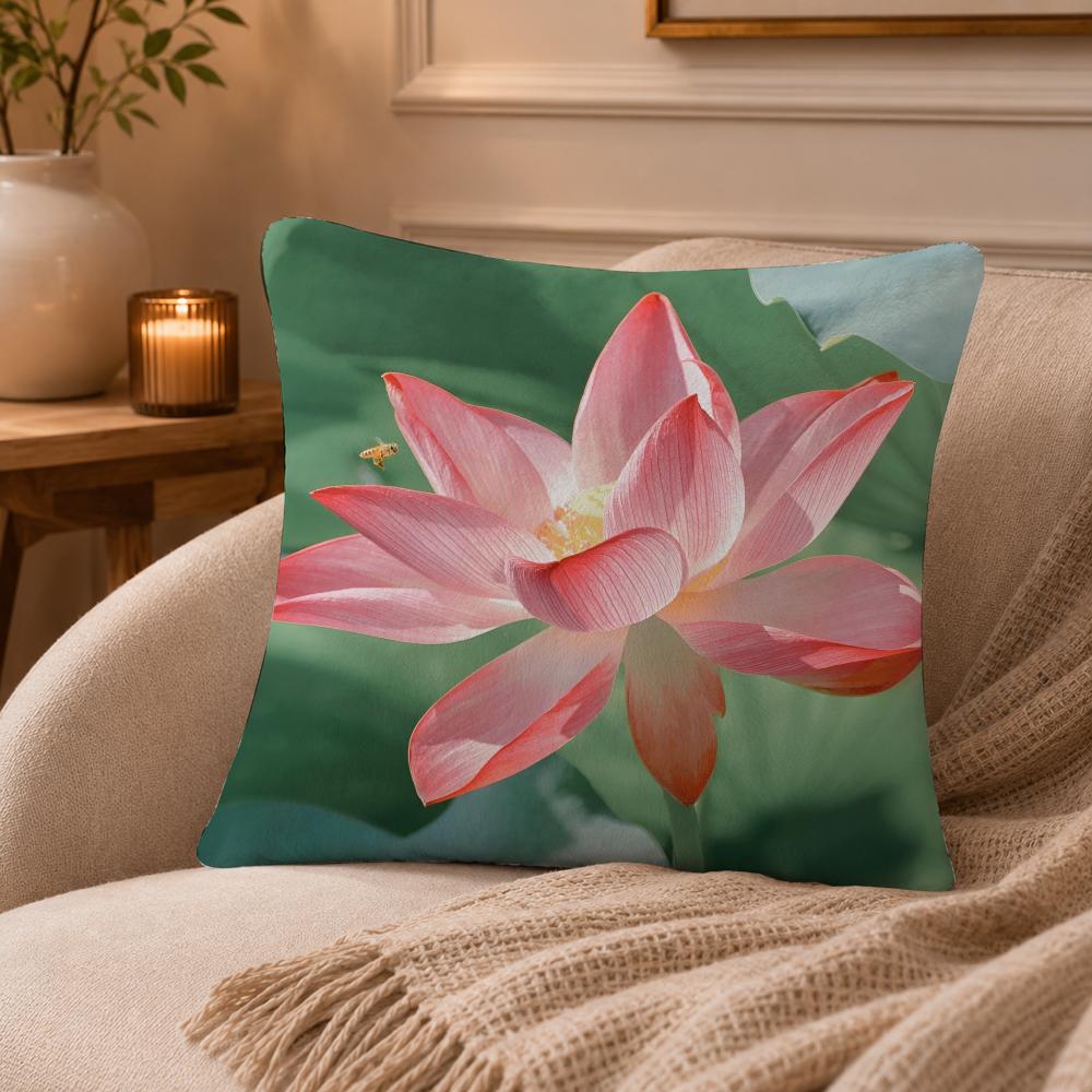 Lotus Flower Cushion Cover Anti-dustmite Pillowcase Invisible Zipper Silky Short Plush Sofa Cushion Cover