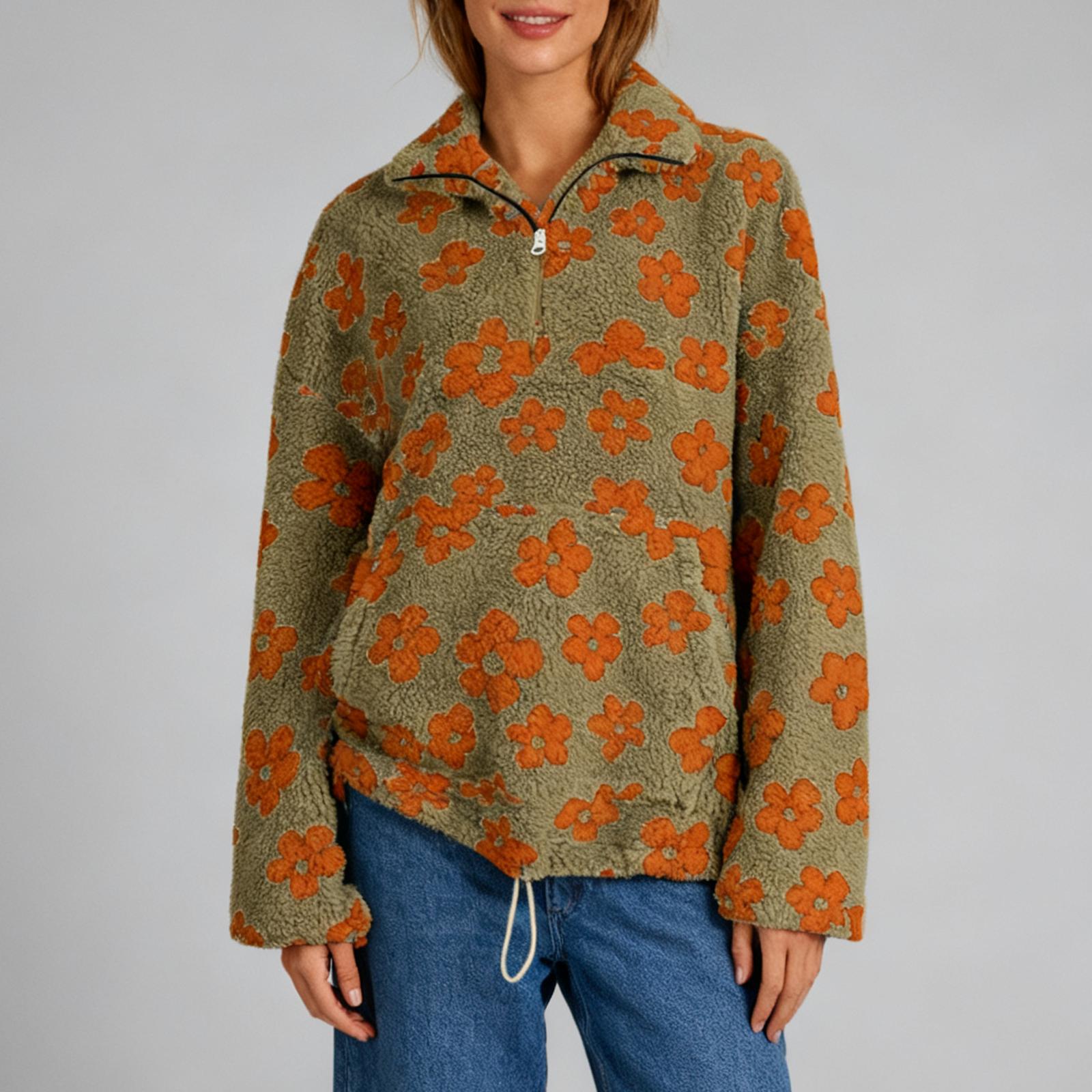 

Женский модный свитшот с круглым вырезом, длинными рукавами, милым цветочным принтом, свободного кроя, с карманом на молнии, теплый, с капюшоном L