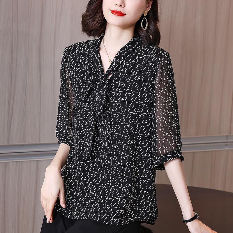 Damen-Chiffonbluse mit Schleife, große Größen, Sommer, halbe Ärmel, V-Ausschnitt, Schwarz, lässiges Oberteil, Pullover, locker, Vintage-Mode