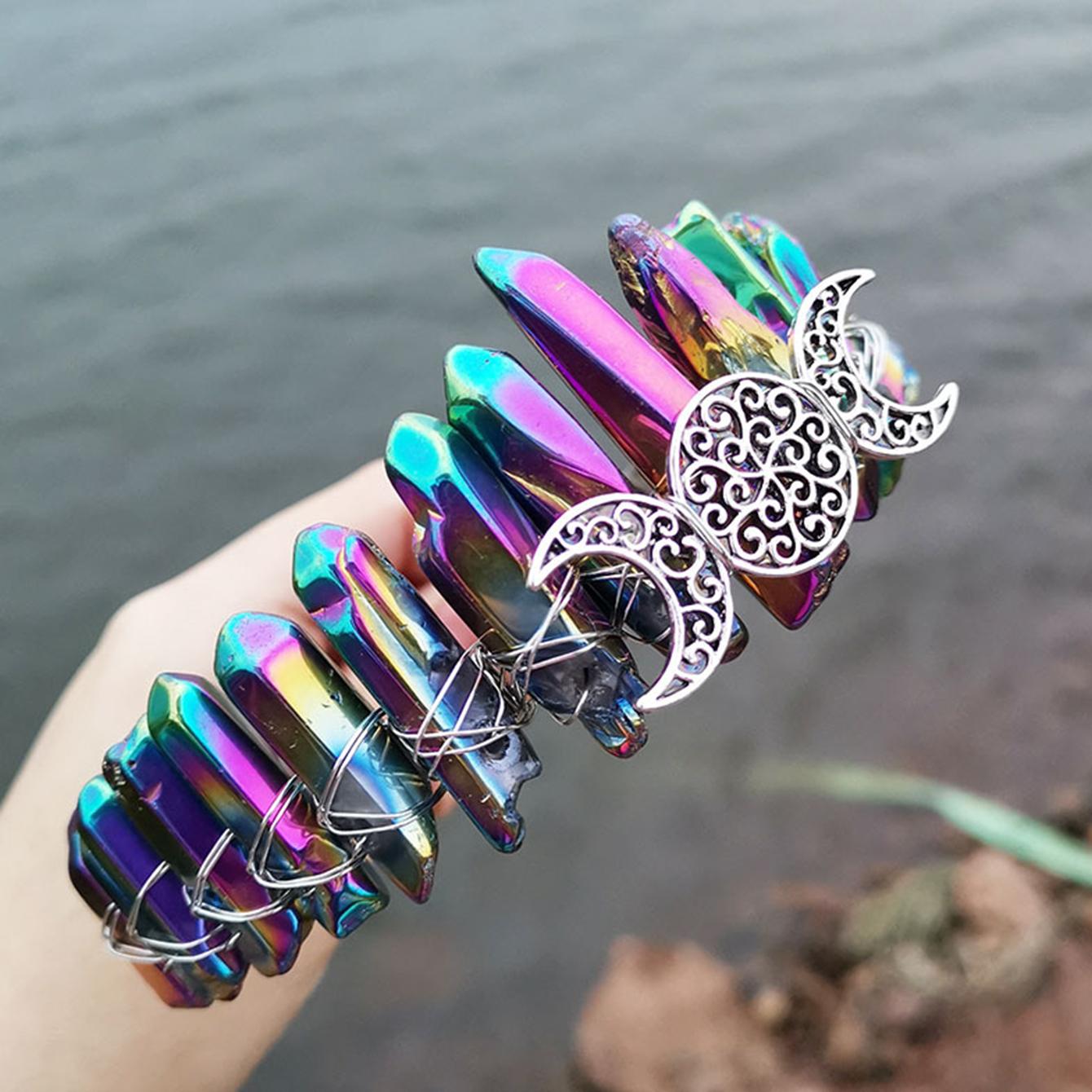 

Тиара из необработанного кристалла, повязка на голову с короной, натуральный кварц, головной убор богини Луны и ведьмы для викканского косплея, вечерние головные уборы