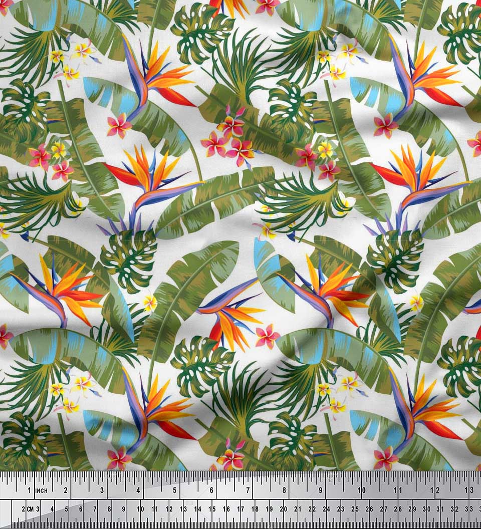 

Soimoi Тканина з японського креп-сатину з тропічним листям, плюмерією та геліконією з квітковим принтом Швейна тканина метр 42 дюйма 42 Inch Wide - Poly Crepe білий