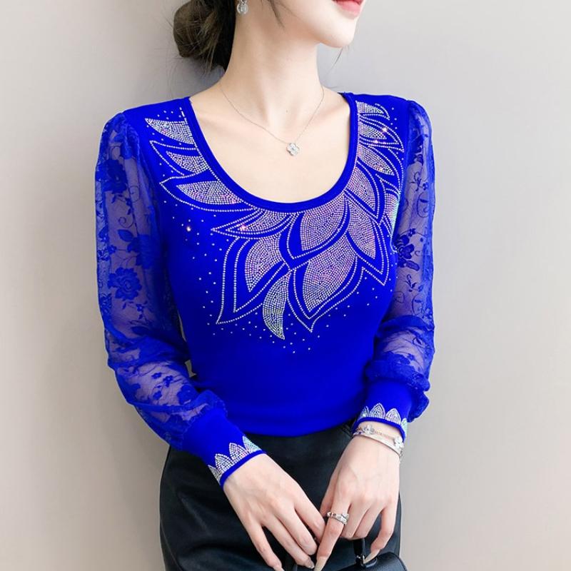 Spring Autumn Women's Hotfix Rhinestone Flower Lace Sleeve Patchwork T-Shirt Elegant Full Sleeve Tees Slim Ladies Tops