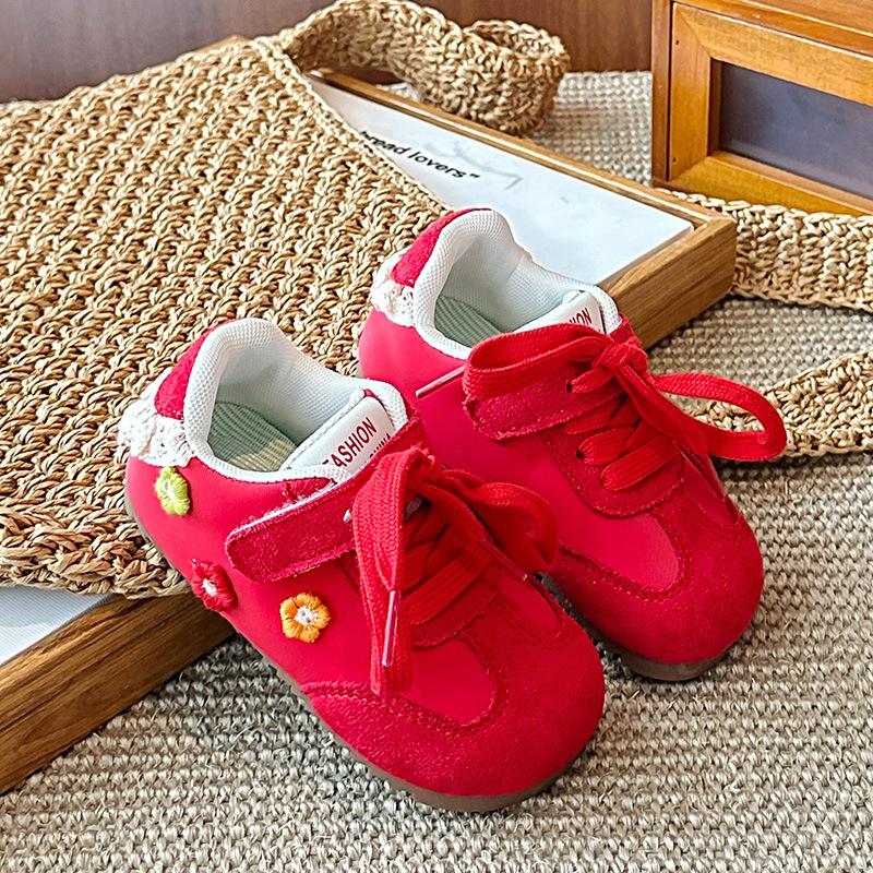 

Kids Red Floral Lace Trim Velcro Casual Sneakers 23