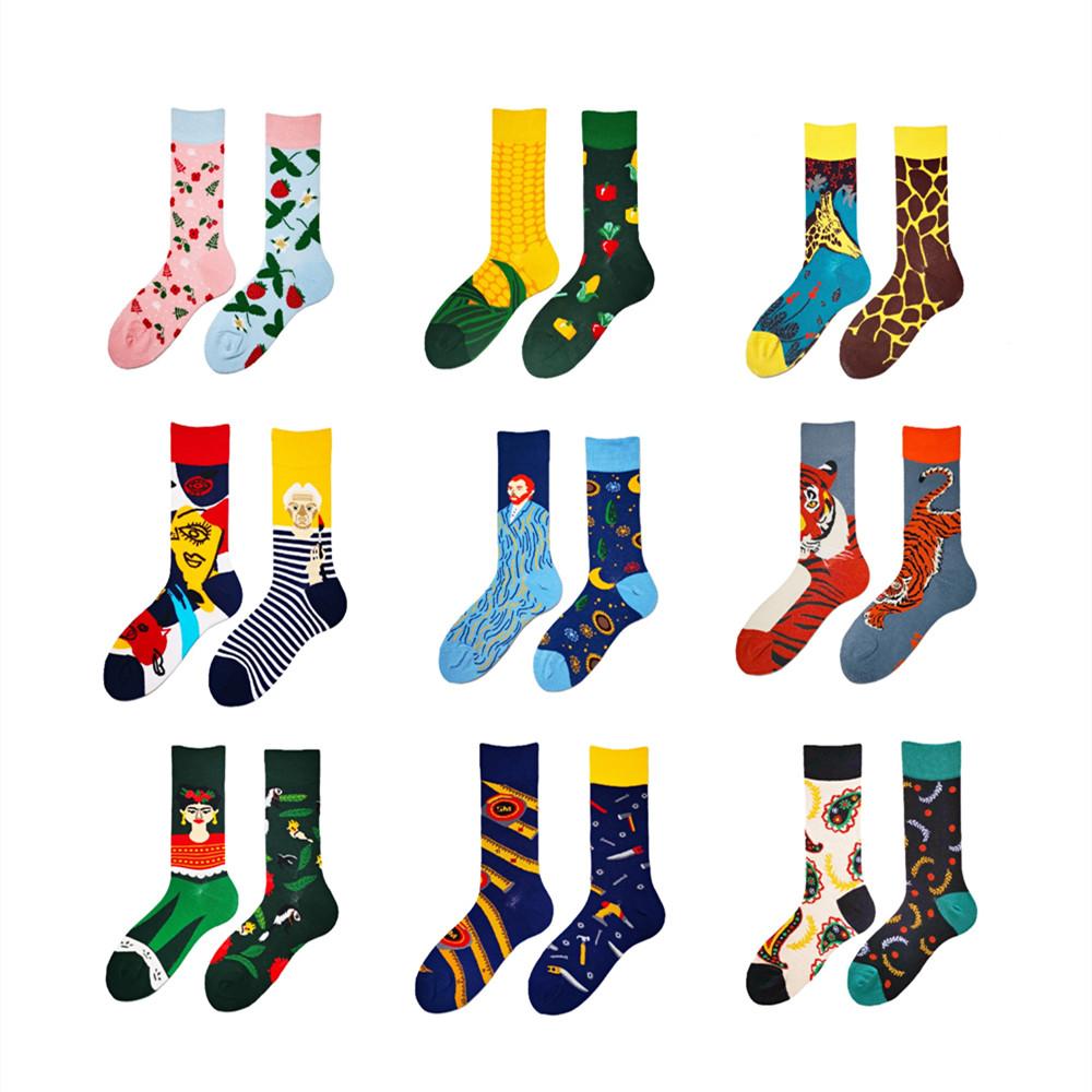Personalized Cartoon AB Mismatched Socks Fashion Crew Couple Cotton Socks Women's Fancy Flower Fruit Tiger Print Funny Socks