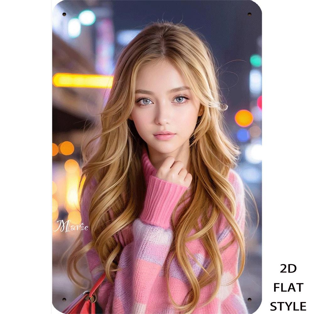 

HD Metal Tin Sign Beautiful Blonde Girl in Pink Sweater City Night Bokeh Portrait Wall Art Decor 20x30cm（7.8x11.8inch）