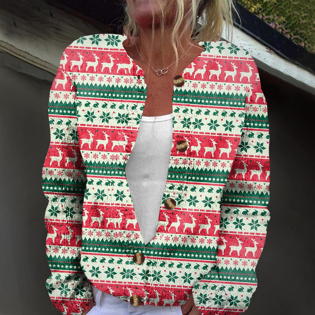 Women's Fashion Christmas Print Long Sleeve Knitted Cardigan Button Jacket
